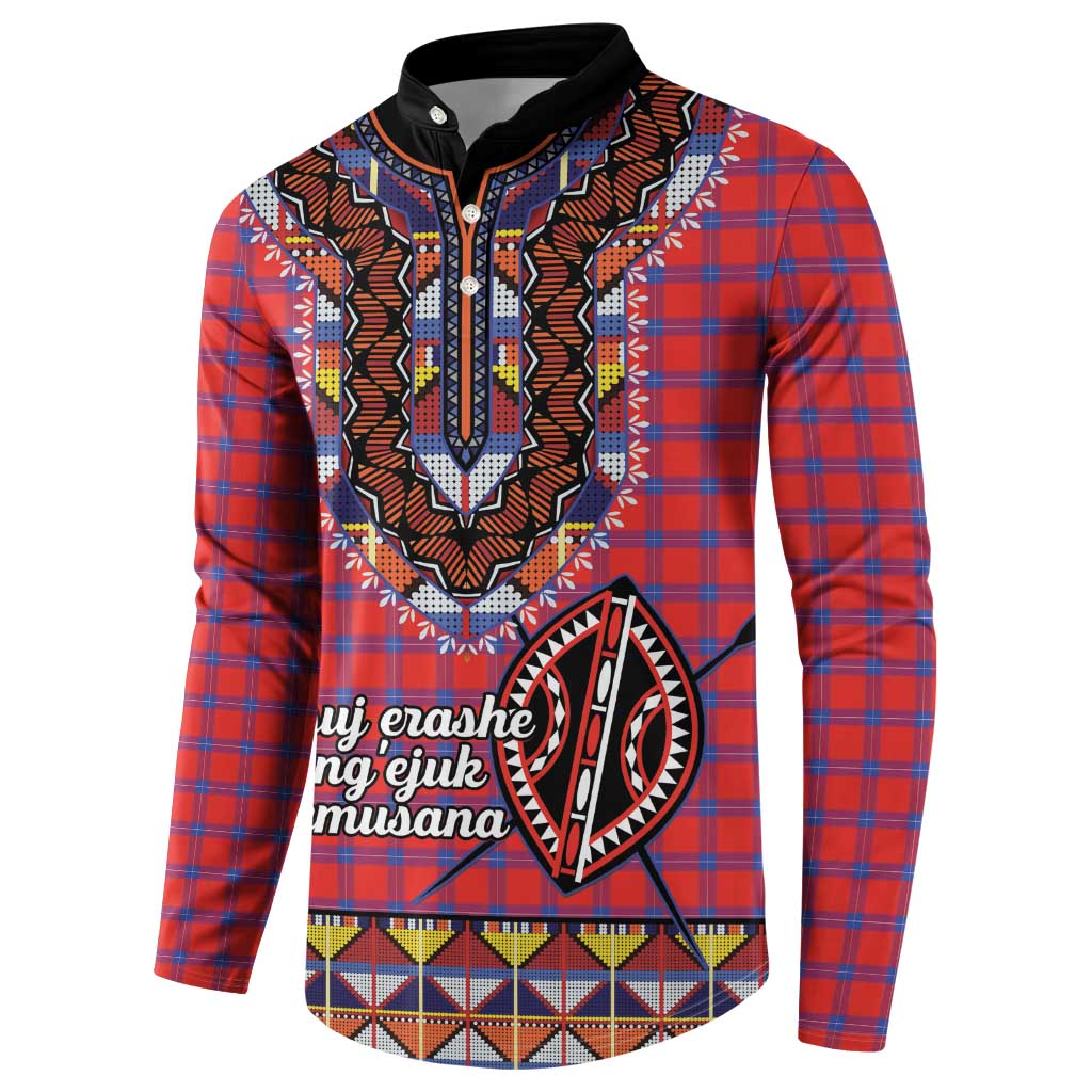 Men's button sweatshirt, red/blue plaid with dashiki beadwork and emblem front