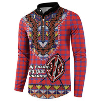 Men's button sweatshirt, red/blue plaid with dashiki beadwork and emblem front