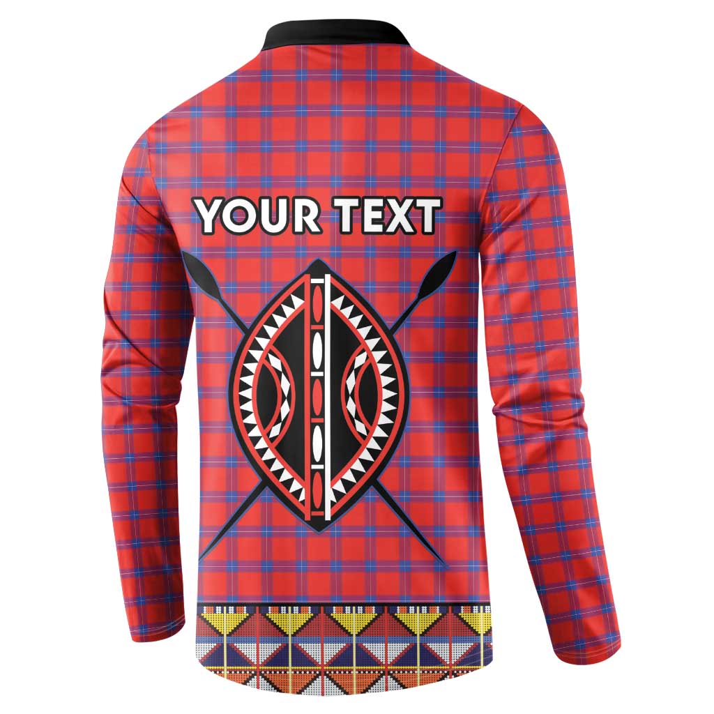 Men's button sweatshirt, red/blue plaid, back YOUR TEXT over tribal emblem