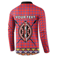 Men's button sweatshirt, red/blue plaid, back YOUR TEXT over tribal emblem