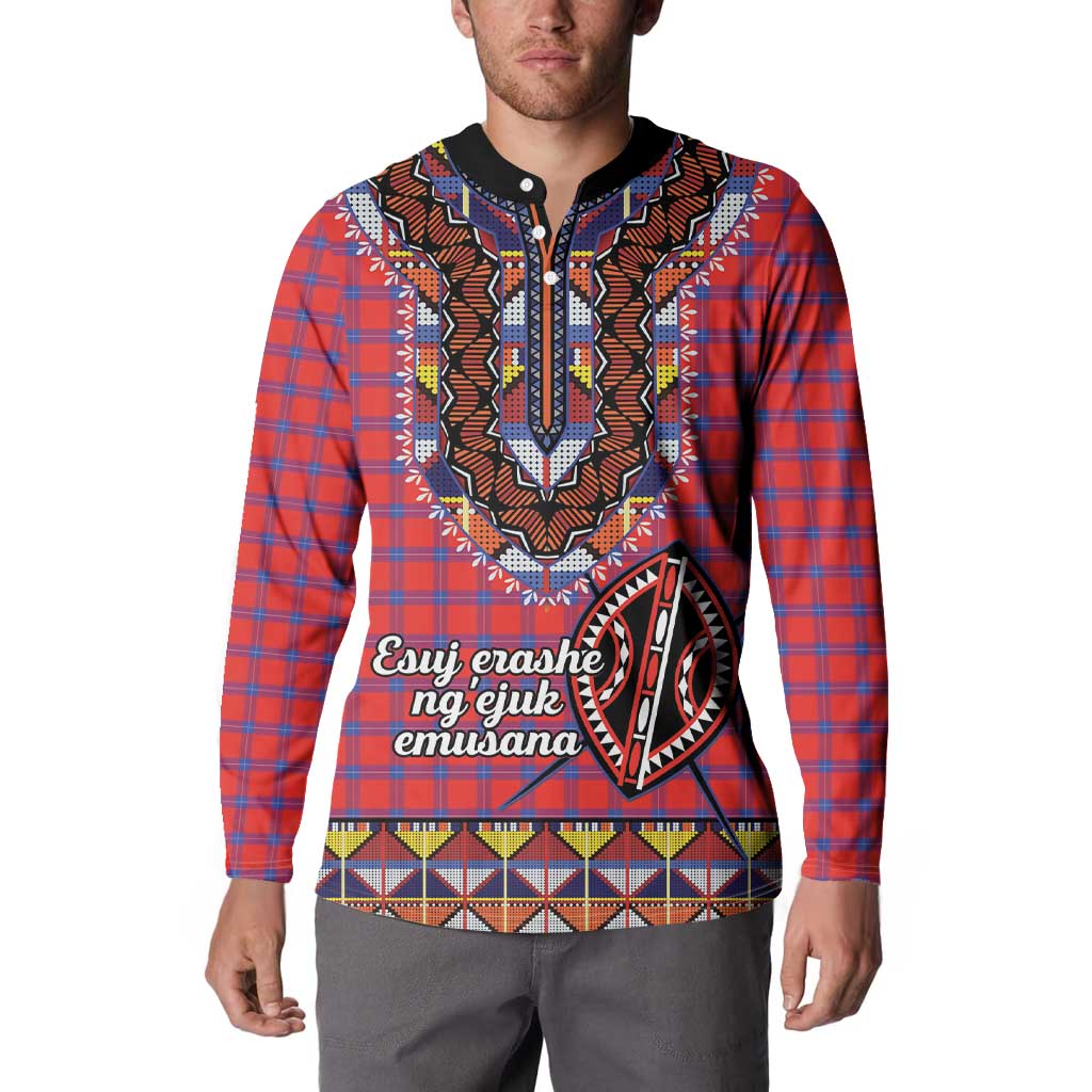 Men's button sweatshirt, red/blue plaid, black collar and dashiki beadwork front