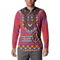 Men's button sweatshirt, red/blue plaid, black collar and dashiki beadwork front