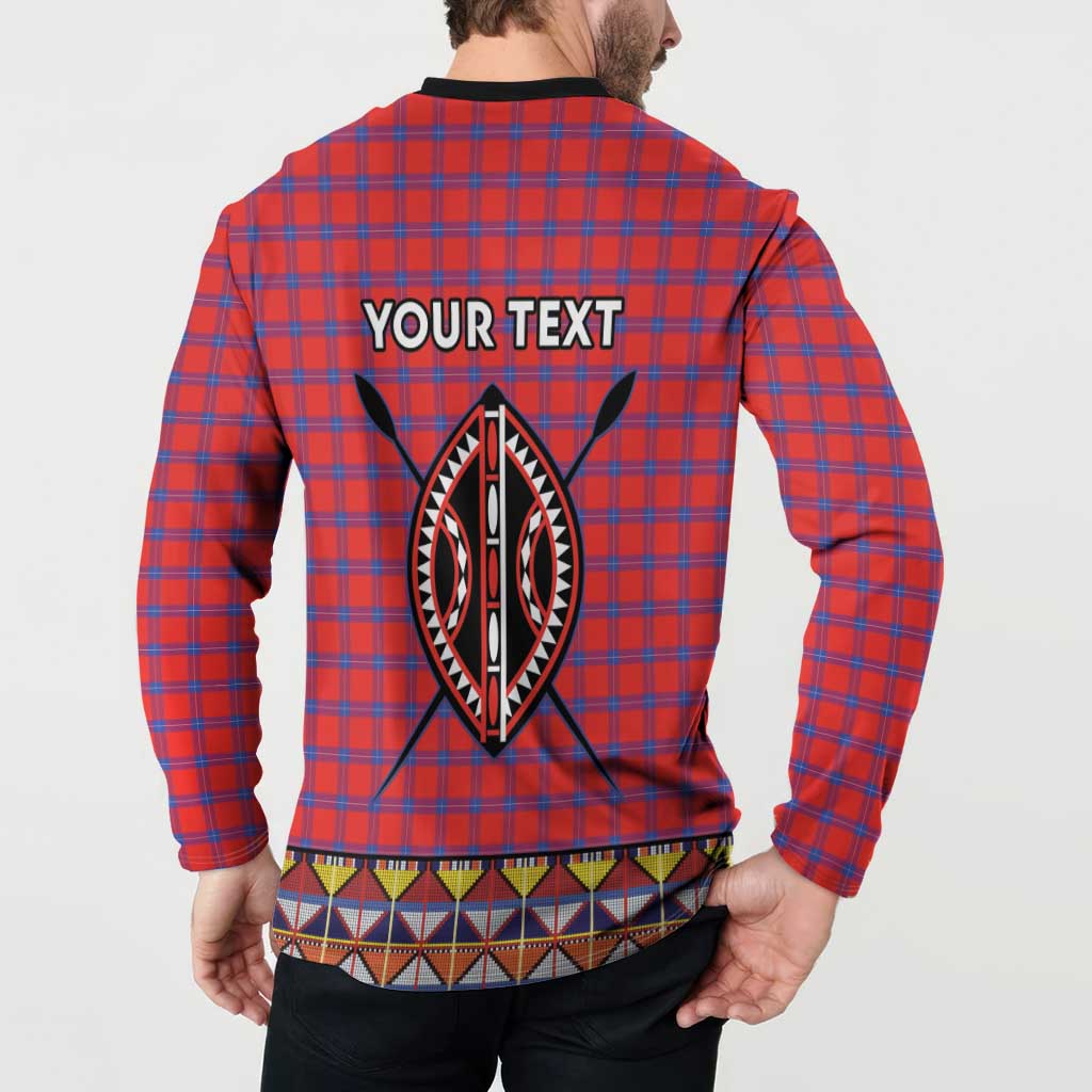 Men's button sweatshirt, red/blue plaid, back YOUR TEXT over large emblem