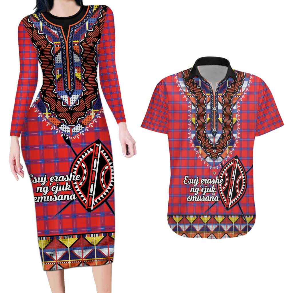 Personalised Kenya Maasai Shuka Couples Matching Long Sleeve Bodycon Dress and Hawaiian Shirt Mix Dashiki - Beadwork Pattern - Wonder Print Shop