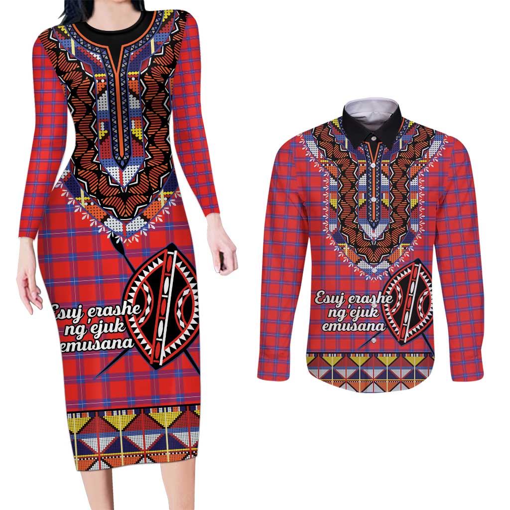 Personalised Kenya Maasai Shuka Couples Matching Long Sleeve Bodycon Dress and Long Sleeve Button Shirt Mix Dashiki - Beadwork Pattern - Wonder Print Shop