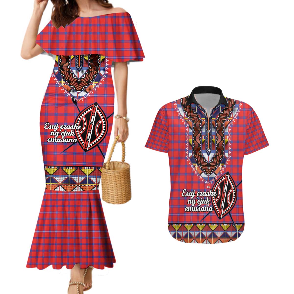 Personalised Kenya Maasai Shuka Couples Matching Mermaid Dress and Hawaiian Shirt Mix Dashiki - Beadwork Pattern - Wonder Print Shop