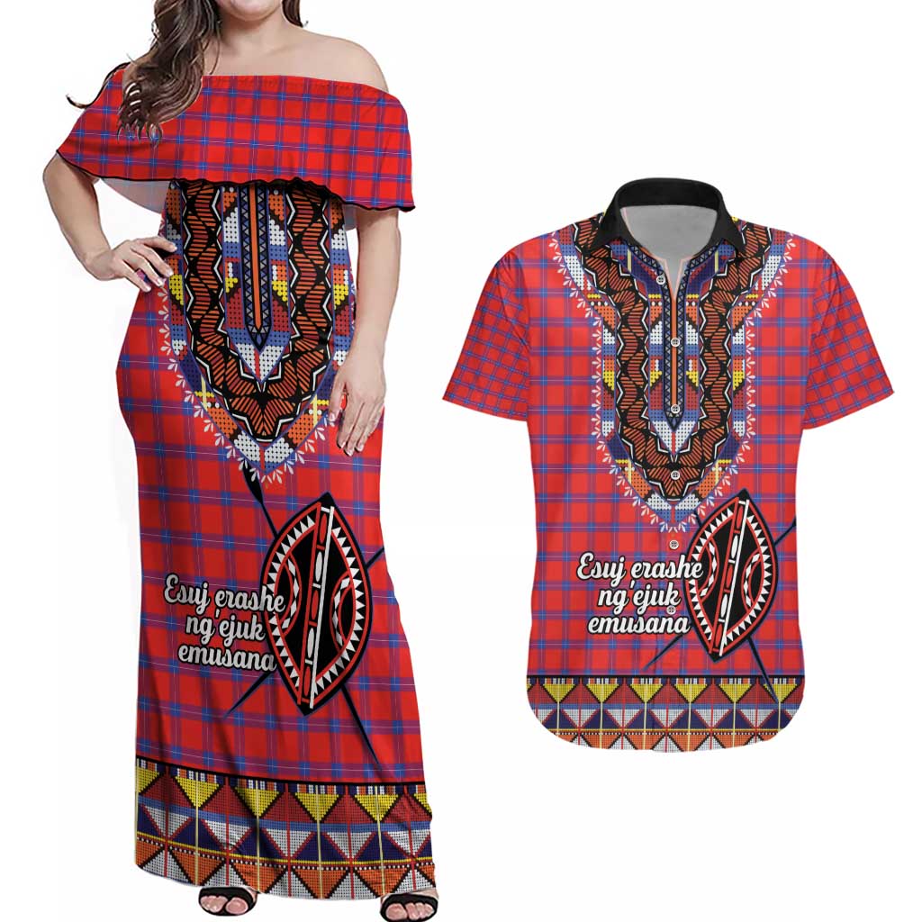 Personalised Kenya Maasai Shuka Couples Matching Off Shoulder Maxi Dress and Hawaiian Shirt Mix Dashiki - Beadwork Pattern - Wonder Print Shop