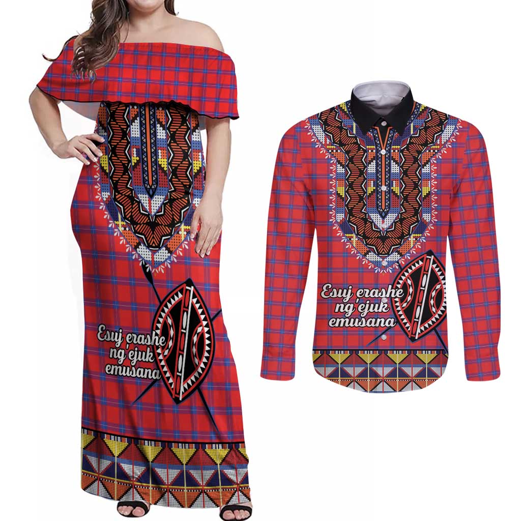 Personalised Kenya Maasai Shuka Couples Matching Off Shoulder Maxi Dress and Long Sleeve Button Shirt Mix Dashiki - Beadwork Pattern - Wonder Print Shop