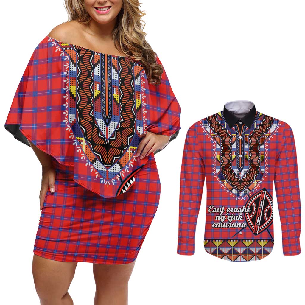 Personalised Kenya Maasai Shuka Couples Matching Off Shoulder Short Dress and Long Sleeve Button Shirt Mix Dashiki - Beadwork Pattern - Wonder Print Shop