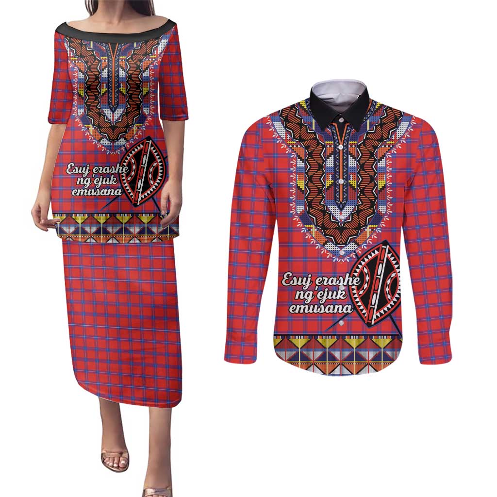 Personalised Kenya Maasai Shuka Couples Matching Puletasi and Long Sleeve Button Shirt Mix Dashiki - Beadwork Pattern - Wonder Print Shop