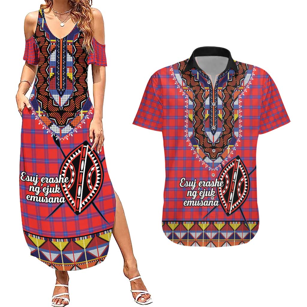 Personalised Kenya Maasai Shuka Couples Matching Summer Maxi Dress and Hawaiian Shirt Mix Dashiki - Beadwork Pattern - Wonder Print Shop