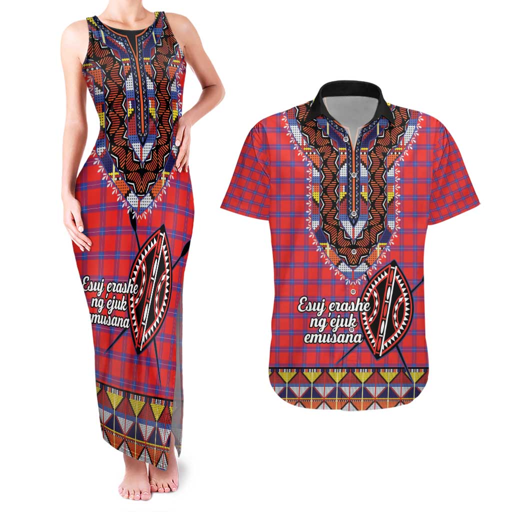 Personalised Kenya Maasai Shuka Couples Matching Tank Maxi Dress and Hawaiian Shirt Mix Dashiki - Beadwork Pattern - Wonder Print Shop