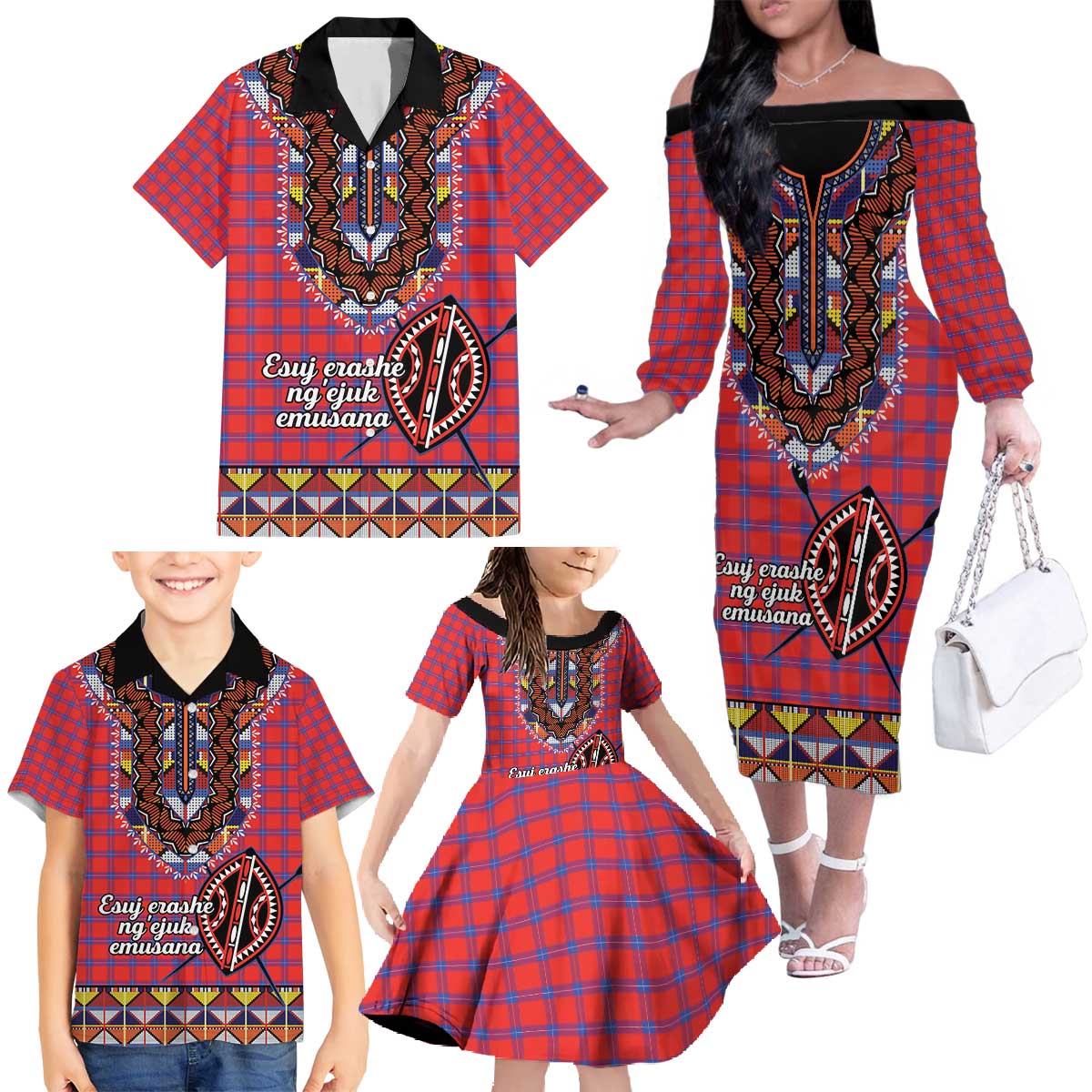 Personalised Kenya Maasai Shuka Family Matching Off The Shoulder Long Sleeve Dress and Hawaiian Shirt Mix Dashiki - Beadwork Pattern - Wonder Print Shop