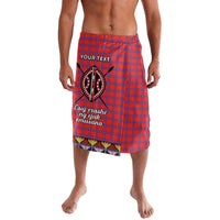 Red-and-blue plaid wrap skirt with printed beadwork emblem and side slit