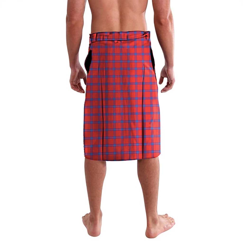 Red-and-blue plaid wrap skirt with black drawstring and asymmetrical hem