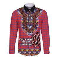 Red long-sleeve button-up shirt with dashiki-style beadwork pattern and V-neck yoke