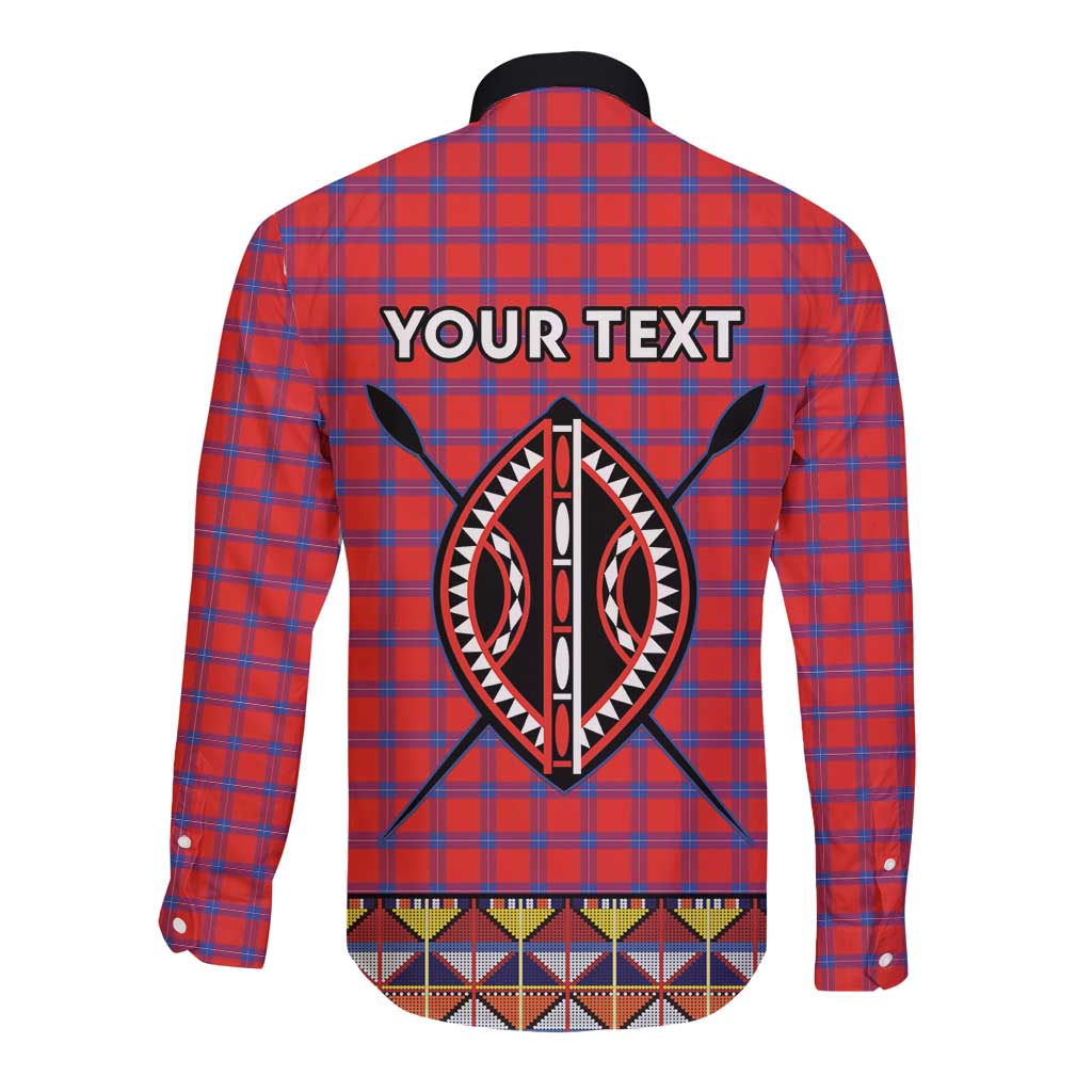 Back of red long-sleeve button-up shirt with large emblem graphic and plaid panels