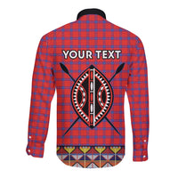 Back of red long-sleeve button-up shirt with large emblem graphic and plaid panels