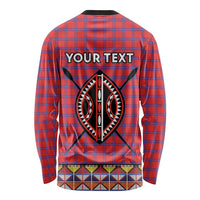 Long-sleeve dashiki shirt back with large beadwork emblem over red plaid