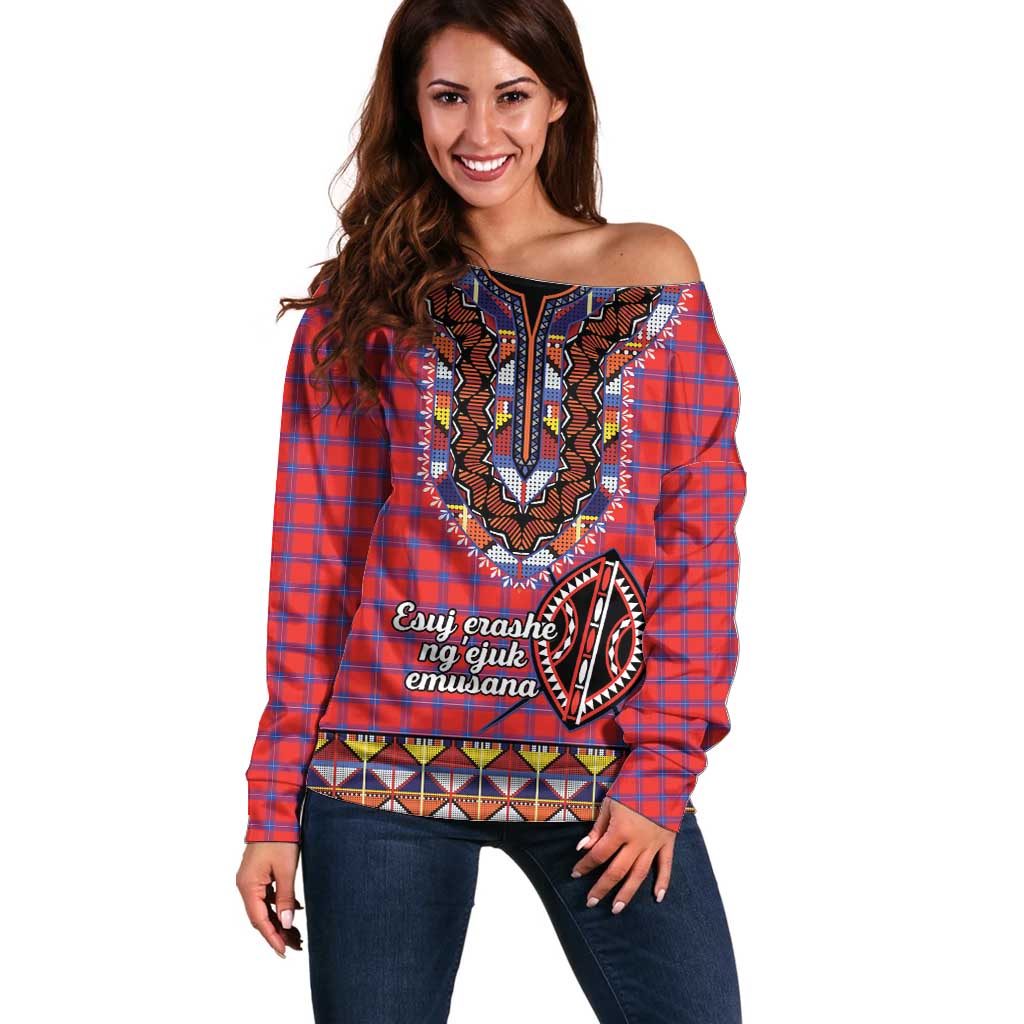 Personalised Kenya Maasai Shuka Off Shoulder Sweater Mix Dashiki - Beadwork Pattern