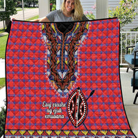 Masai shuka-style quilt with red-blue plaid and black dashiki beaded V-neck panel