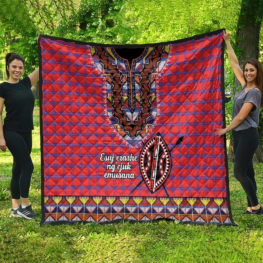 Masai shuka quilt fully spread: red-blue plaid, black dashiki V panel, geometric trim