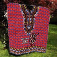 Masai shuka quilt angled view with red-blue plaid and central black dashiki beadwork panel