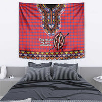 Red and blue plaid Maasai shuka tapestry with beadwork face, shield, and white script