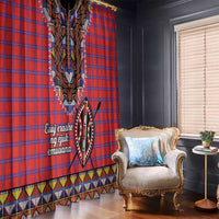 Red plaid window curtain pair with black-and-yellow beadwork panels and patterned trim
