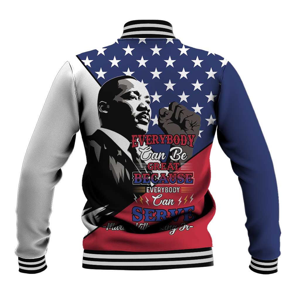 Blue baseball jacket with striped ribbed collar, star print, and MLK back graphic