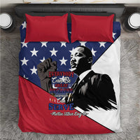 Patriotic bedding set with red and blue star print, MLK portrait, two red pillows