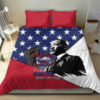 Patriotic bedding set with red, white, and blue stars plus MLK portrait, two red pillows
