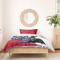 Patriotic bedding set with blue star MLK print duvet and red pillow on bed frame