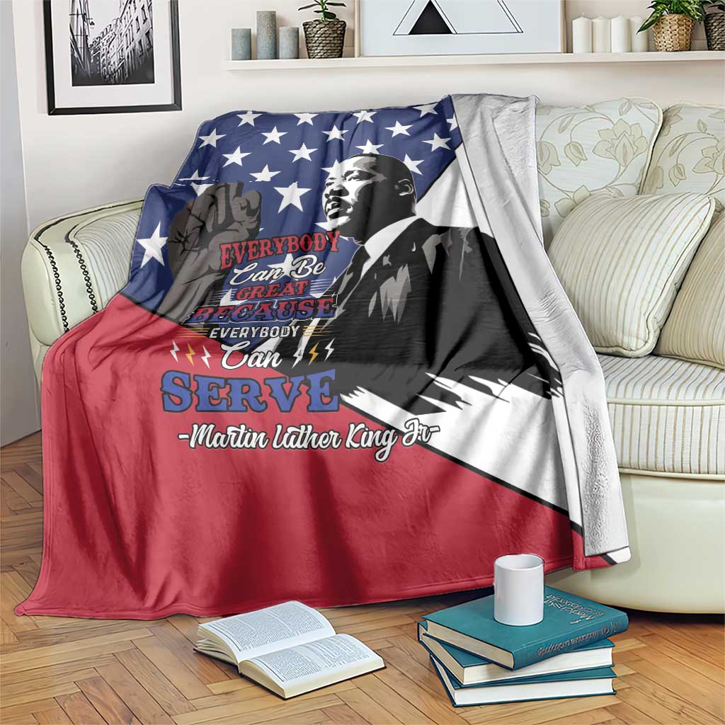 Blue patriotic MLK Day blanket with star pattern and Martin Luther King Jr portrait