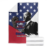 MLK Day blanket with King portrait, stars, and folded white towels included