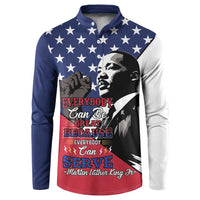 Blue long-sleeve button sweatshirt with MLK portrait graphic, stars and patriotic text