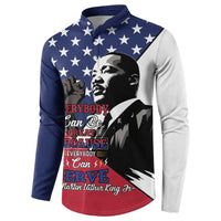 Blue long-sleeve button sweatshirt with starry top and MLK portrait, red patriotic design