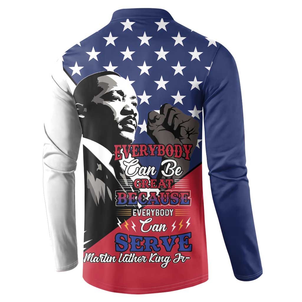 Blue long-sleeve button sweatshirt, back stars with MLK portrait and Everybody Can Be text