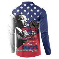 Blue long-sleeve button sweatshirt, back stars with MLK portrait and Everybody Can Be text