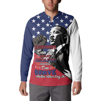 Blue long-sleeve button sweatshirt on model, MLK portrait with stars and patriotic lettering