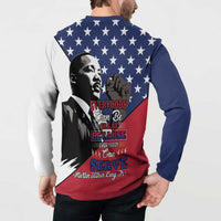Blue long-sleeve button sweatshirt on model, back stars with MLK portrait and Serve wording