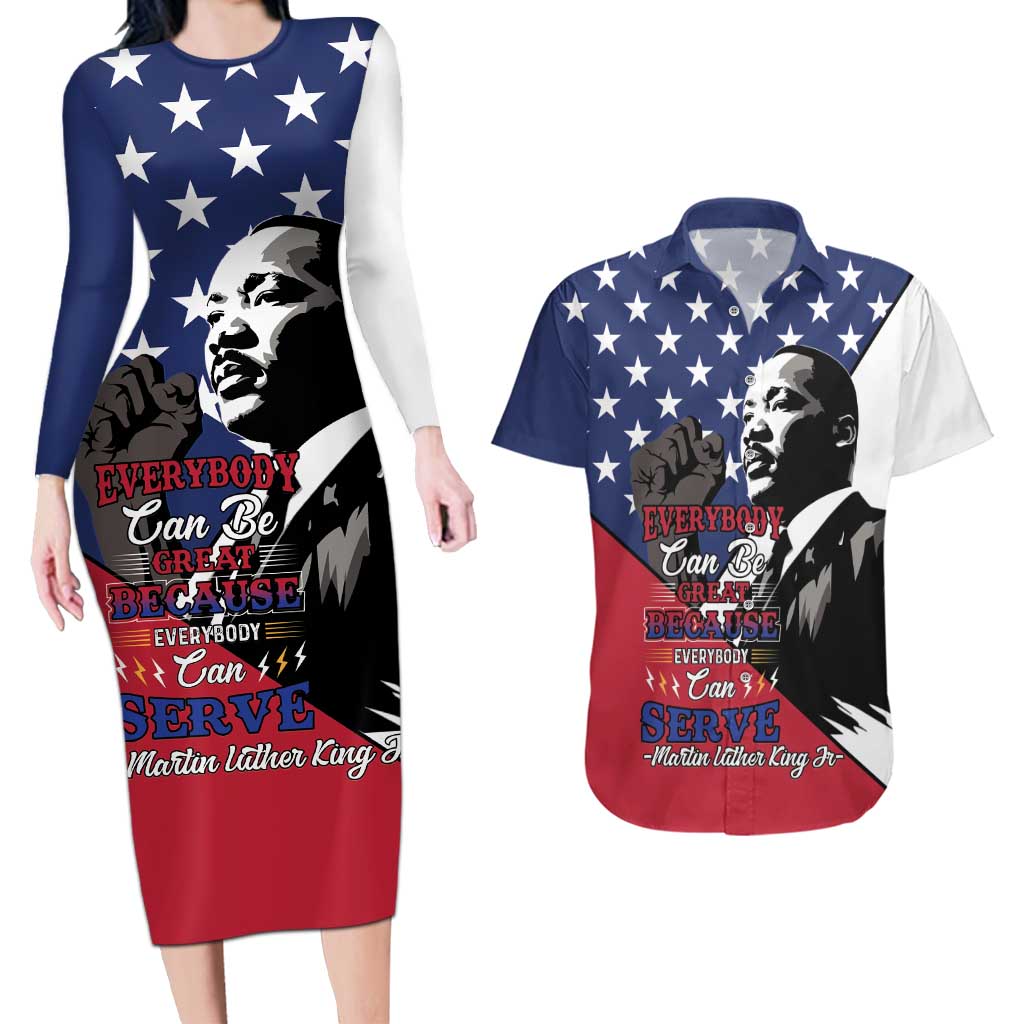 Happy MLK Day Couples Matching Long Sleeve Bodycon Dress and Hawaiian Shirt Everybody Can Be Great Because Everybody Can Serve - Wonder Print Shop