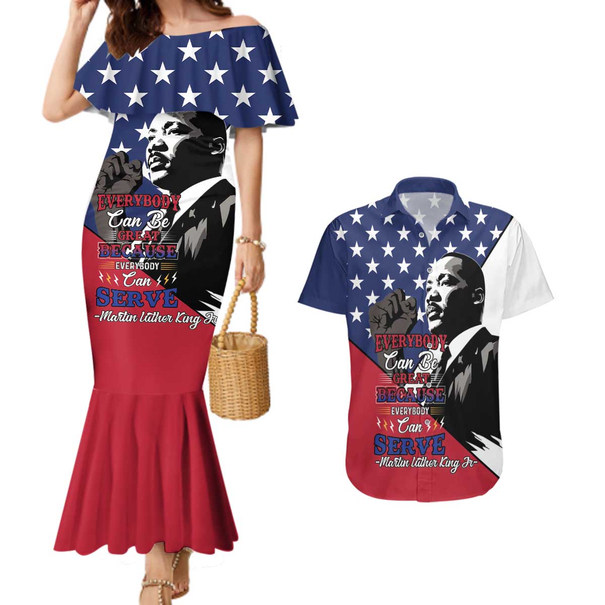 Happy MLK Day Couples Matching Mermaid Dress and Hawaiian Shirt Everybody Can Be Great Because Everybody Can Serve - Wonder Print Shop