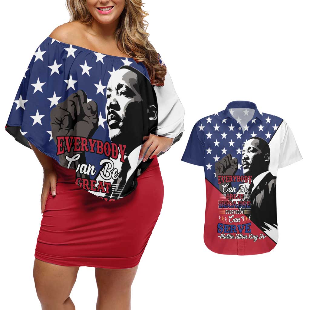 Happy MLK Day Couples Matching Off Shoulder Short Dress and Hawaiian Shirt Everybody Can Be Great Because Everybody Can Serve - Wonder Print Shop