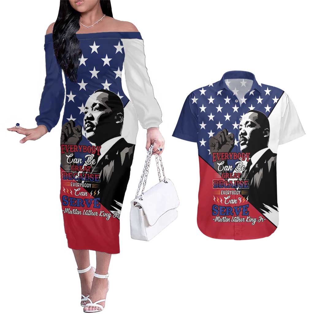 Happy MLK Day Couples Matching Off The Shoulder Long Sleeve Dress and Hawaiian Shirt Everybody Can Be Great Because Everybody Can Serve - Wonder Print Shop