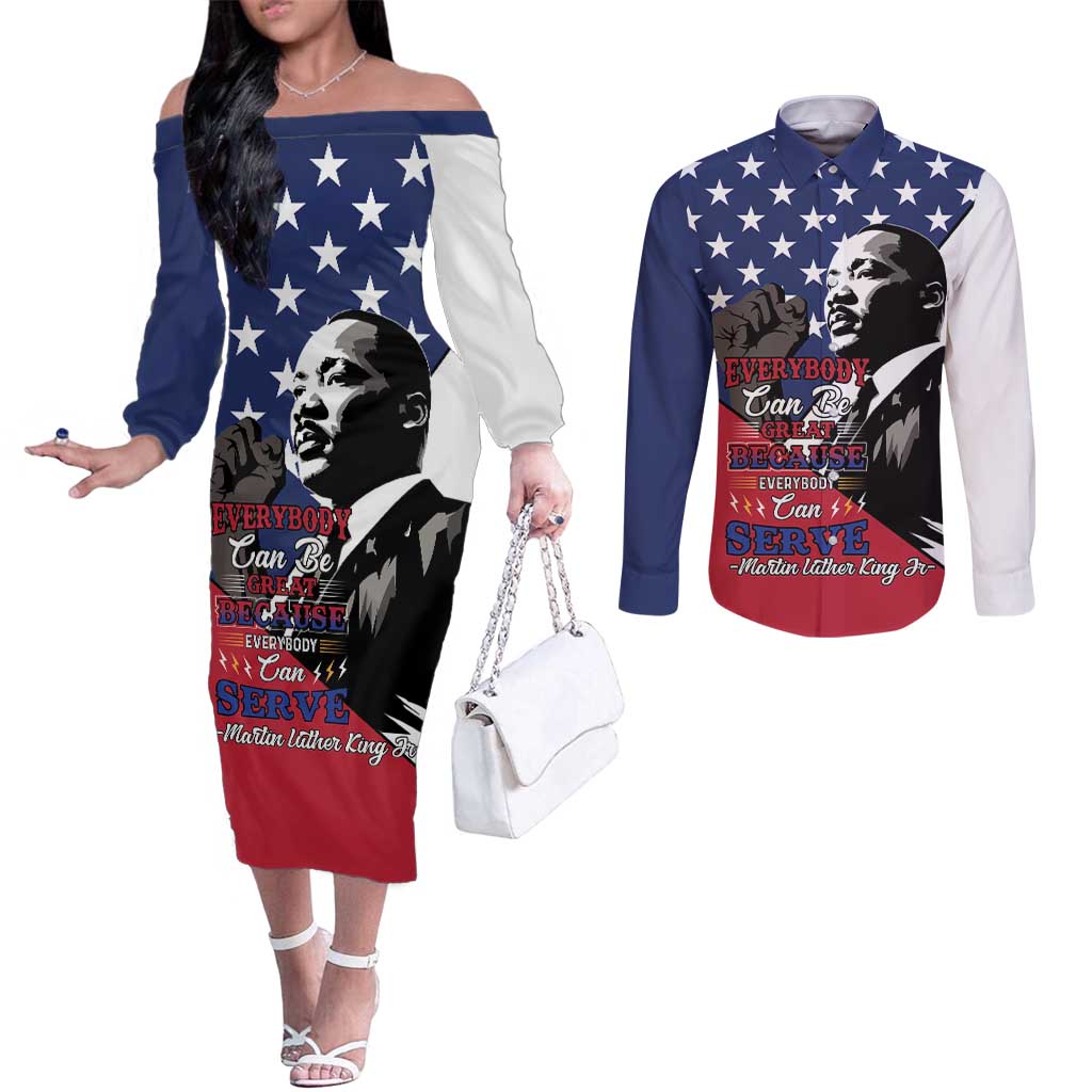 Happy MLK Day Couples Matching Off The Shoulder Long Sleeve Dress and Long Sleeve Button Shirt Everybody Can Be Great Because Everybody Can Serve