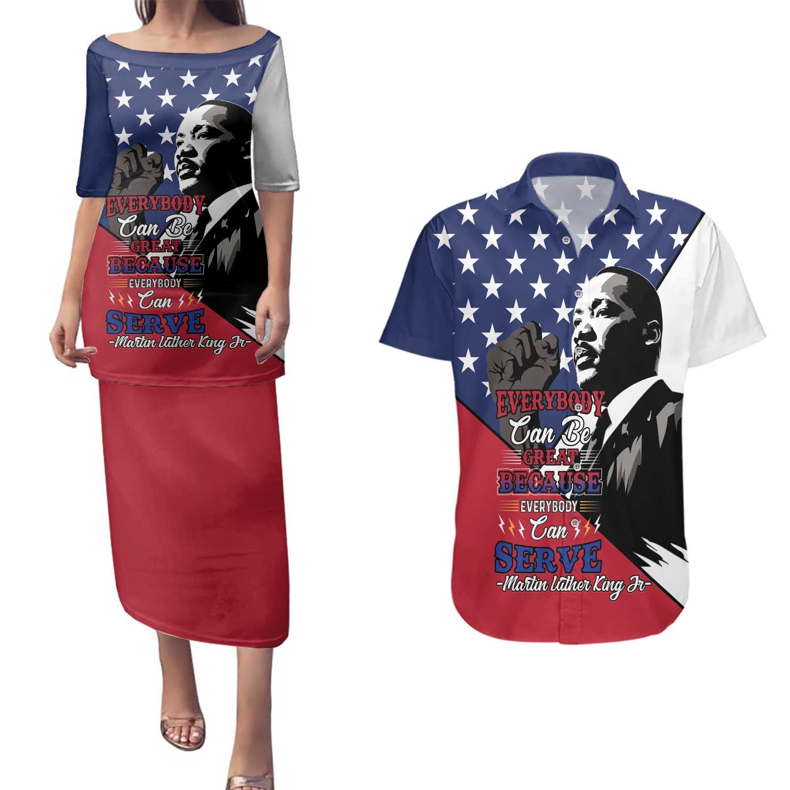 Happy MLK Day Couples Matching Puletasi and Hawaiian Shirt Everybody Can Be Great Because Everybody Can Serve - Wonder Print Shop