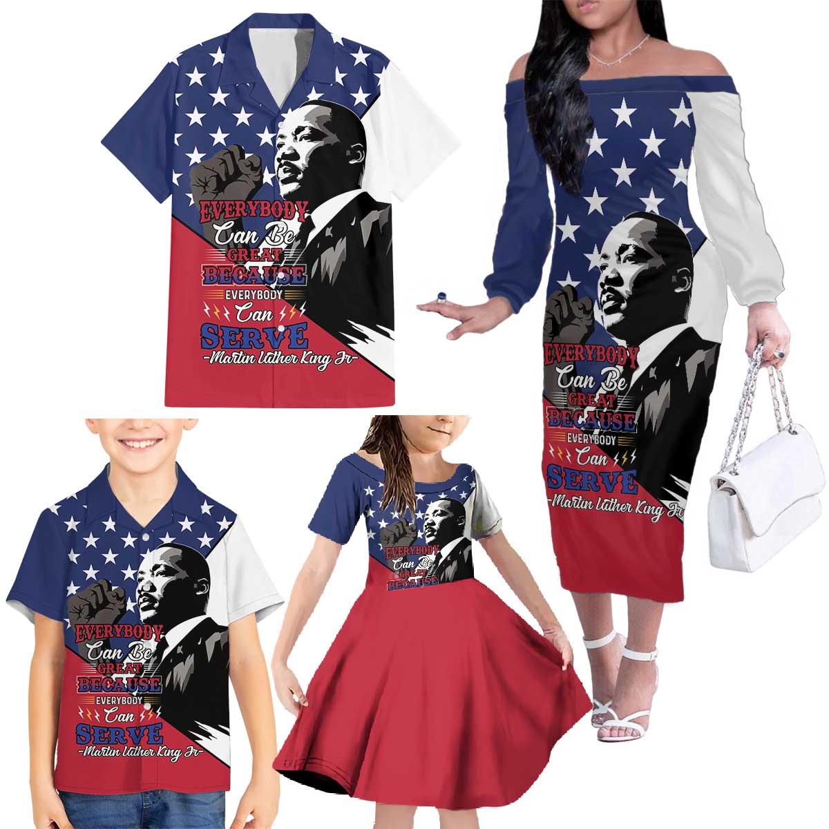 Happy MLK Day Family Matching Off The Shoulder Long Sleeve Dress and Hawaiian Shirt Everybody Can Be Great Because Everybody Can Serve - Wonder Print Shop