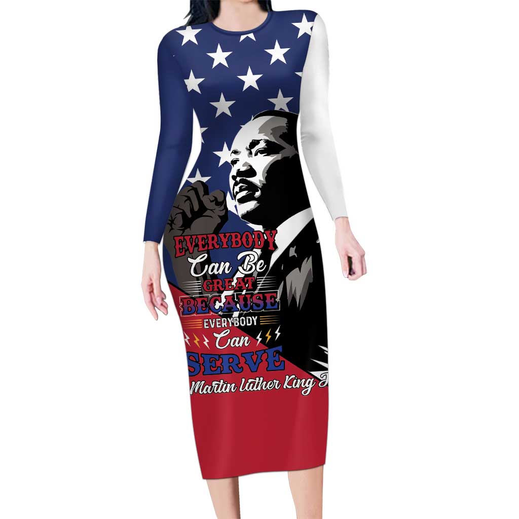 Happy MLK Day Long Sleeve Bodycon Dress Everybody Can Be Great Because Everybody Can Serve - Wonder Print Shop