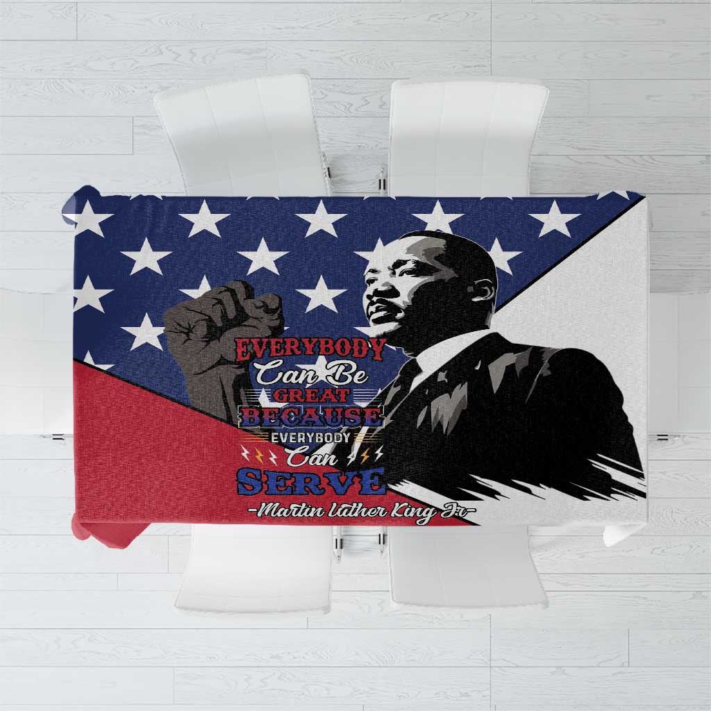 Blue, red and white patriotic tablecloth with stars and Martin Luther King Jr print